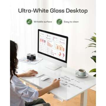 Marsail Glass Electric Standing Desk with Drawer, 40 x 24 Inches Height-Adjustable Desk, One-Piece Tempered Glass Top, Ergonomic Home Office Sit Stand Desk with 4 Preset Heights, White