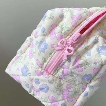 SINOKAME Coquette Makeup Bag Cosmetic Bag for Women, Handmade Cotton Quilted Pouches Reusable Travel Toiletry Bag Organizer Brushes, Beige Flowers