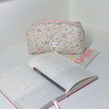 SINOKAME Coquette Makeup Bag Cosmetic Bag for Women, Handmade Cotton Quilted Pouches Reusable Travel Toiletry Bag Organizer Brushes, Beige Flowers