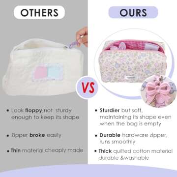 SINOKAME Coquette Makeup Bag Cosmetic Bag for Women, Handmade Cotton Quilted Pouches Reusable Travel Toiletry Bag Organizer Brushes, Beige Flowers