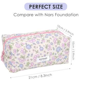 SINOKAME Coquette Makeup Bag Cosmetic Bag for Women, Handmade Cotton Quilted Pouches Reusable Travel Toiletry Bag Organizer Brushes, Beige Flowers