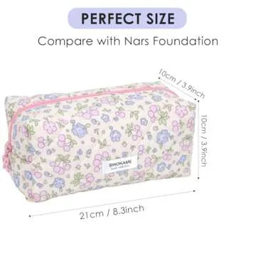 SINOKAME Coquette Makeup Bag Cosmetic Bag for Women, Handmade Cotton Quilted Pouches Reusable Travel Toiletry Bag Organizer Brushes, Beige Flowers