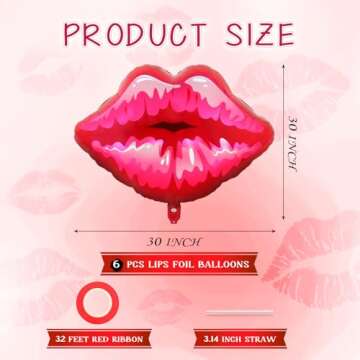 6 Pcs Big Red Lip Balloons,30 Inch Lips Foil Balloons,Valentine Day Balloon Galentines Day Decoratio...