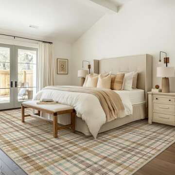 Bavni Washable Rug, Modern Plaid Print Rugs Non-Slip, Soft Low Pile 3x5 Rug, Stain Resistant Area Rugs for Bedroom, Living Room, Kitchen, Ivory/Brown