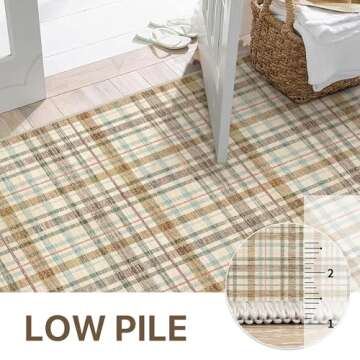 Bavni Washable Rug, Modern Plaid Print Rugs Non-Slip, Soft Low Pile 3x5 Rug, Stain Resistant Area Rugs for Bedroom, Living Room, Kitchen, Ivory/Brown