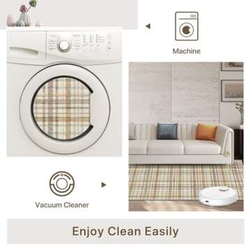 Bavni Washable Rug, Modern Plaid Print Rugs Non-Slip, Soft Low Pile 3x5 Rug, Stain Resistant Area Rugs for Bedroom, Living Room, Kitchen, Ivory/Brown