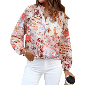 Prettywear Women's Dressy Blouse Lantern Sleeve Floral Print Button Down Shirts Casual Work Tops Spr...