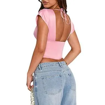 Women Sexy Lace Patchwork Crop Top Spaghetti Strap Push Up Bustier Tank Top Backless Summer Aesthetic Cami Top (Push Up Pink,Medium)