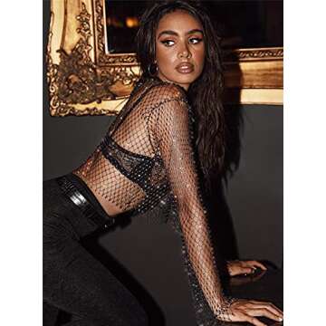 Sheer Long Sleeve Tops for Women Plus Size Tight Rhinestone See Through Mesh Crop Top Off Shoulder V...