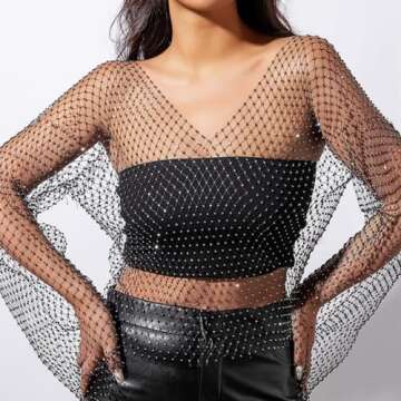 Sheer Long Sleeve Tops for Women Plus Size Tight Rhinestone See Through Mesh Crop Top Off Shoulder V Neck (V-Black)