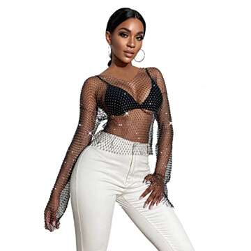 Sheer Long Sleeve Tops for Women Plus Size Tight Rhinestone See Through Mesh Crop Top Off Shoulder V Neck (V-Black)