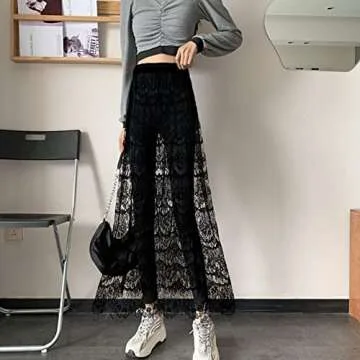 CLARA Women High Waist Mesh Maxi Skirt See-Through Beach Long Tulle Skirt Bodysuit Cover-Up (B-Black)