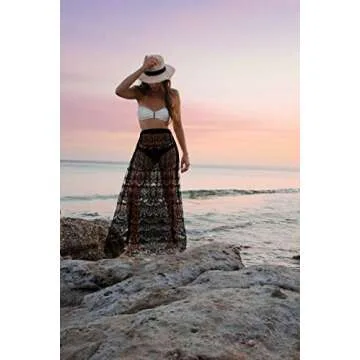 CLARA Women High Waist Mesh Maxi Skirt See-Through Beach Long Tulle Skirt Bodysuit Cover-Up (B-Black)