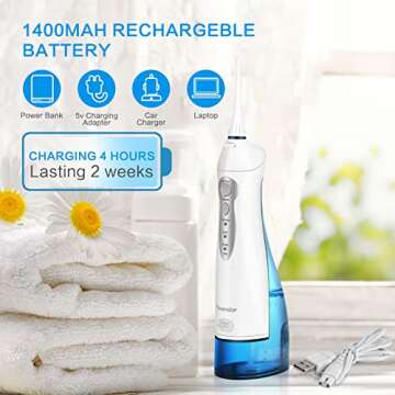 TOVENDOR Electric Water Flosser, Cordless Rechargeable Dental Oral Irrigator IPX7 Waterproof 300ML Travel Water Teeth Cleaner with 5 Tips for Braces Care Teeth Gums Cleaning, Home Office Daily Use