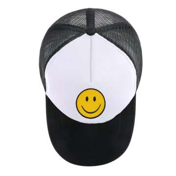 lycycse Smile Face Trucker Hat Retro Mesh Baseball Cap with Smile Patch Foam Neon High Crown Y2K Hats for Men Women (Black)