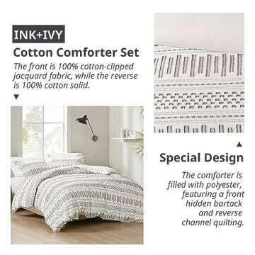 INK+IVY Luxurious Cotton-Bedding Set - Mid Century Trendy Geometric Design, All Season Cozy-Cover With Matching-Shams, Full/Queen, Rhea Jacquard Ivory/Charcoal