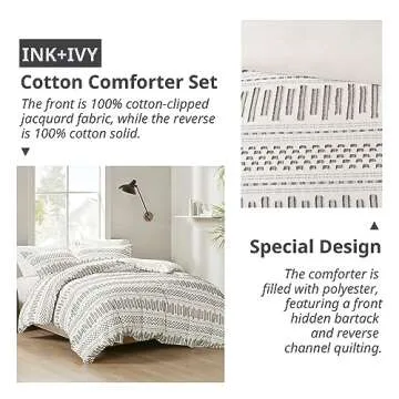 INK+IVY Luxurious Cotton-Bedding Set - Mid Century Trendy Geometric Design, All Season Cozy-Cover With Matching-Shams, Full/Queen, Rhea Jacquard Ivory/Charcoal