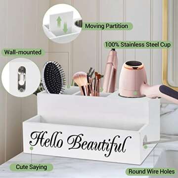 Hair Dryer Holder, Hair Tool Organizer Wall Mounted, Wood Bathroom Blow Dryer Holder and Vanity Organizer, Bathroom Countertop Organizer for Bathroom Accessories, Makeup Storage Wall Mounted
