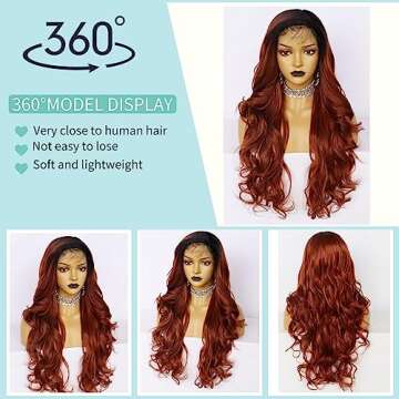 Ebingoo +Wig Cap 26 Inch Omber Copper Red Lace Front Wig with Dark Roots Long Copper Red Wigs with B...