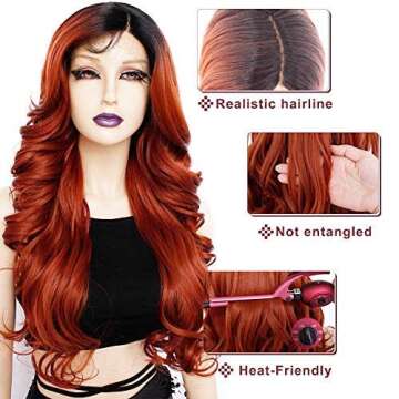 Ebingoo +Wig Cap 26 Inch Omber Copper Red Lace Front Wig with Dark Roots Long Copper Red Wigs with Baby Hair Synthetic Hair for Women Girls Daily Wear