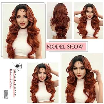 Ebingoo +Wig Cap 26 Inch Omber Copper Red Lace Front Wig with Dark Roots Long Copper Red Wigs with Baby Hair Synthetic Hair for Women Girls Daily Wear