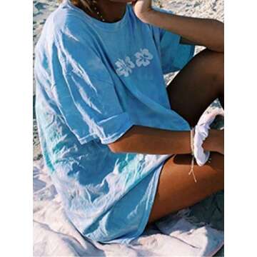 Remidoo Women's Casual Crewneck Short Sleeve Flowers Print Tie Dye Oversized Graphic Top T-Shirt Thr...