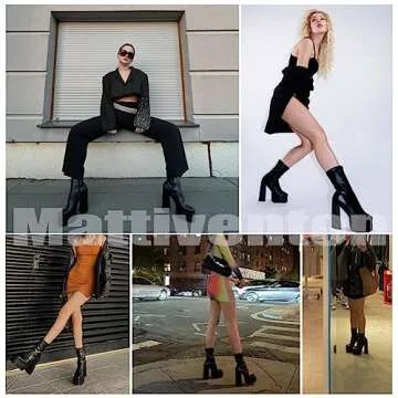 Mattiventon Black Platform Boots for Women Square Toe Chunky Heel Combat Boot Mid Calf Goth Boots