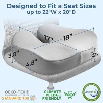 Large Seat Cushion for Office Chairs - Fits 22"x 20" Seats, Tailbone Pain Relief - Butt, & Coccyx, Hip, Pressure & Sciatica Relief - Gaming, Wheelchair, Car & Desk Ergonomic Pillow, Light Gray