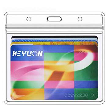 KEYLION 10 Pack Horizontal Name Tag ID Card Holders, Heavy Duty Clear Plastic Sleeve Cover w Waterproof Resealable Zip, fit 5 pcs Credit Card Size Cards or 3.5" x 2.5" Name Badge Inserts