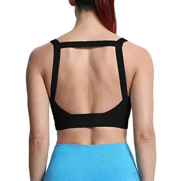 Aoxjox Women's Workout High Impact Sports Bras Fitness Square Neck Balcony Open Back Bra Yoga Crop Tank Top (Black, Small)