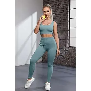 QINSEN Women Workout 2 Piece Outfits High Waist Legging Gym Yoga Bodycon Sports Bra Sets Blue L