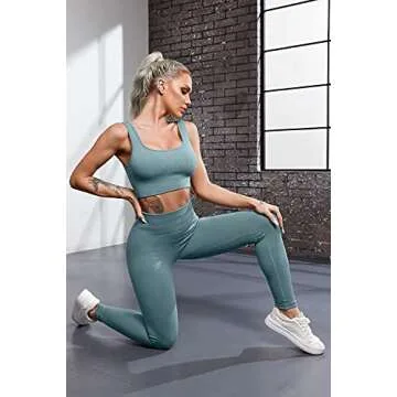 QINSEN Women Workout 2 Piece Outfits High Waist Legging Gym Yoga Bodycon Sports Bra Sets Blue L