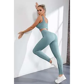 QINSEN Women Workout 2 Piece Outfits High Waist Legging Gym Yoga Bodycon Sports Bra Sets Blue L