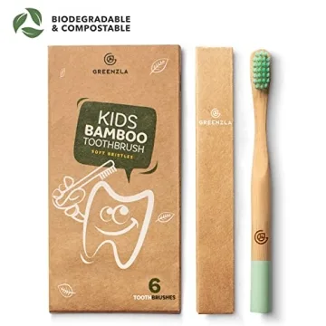 GREENZLA Kids Bamboo Toothbrushes 6 Pack BPA Free Eco-Friendly