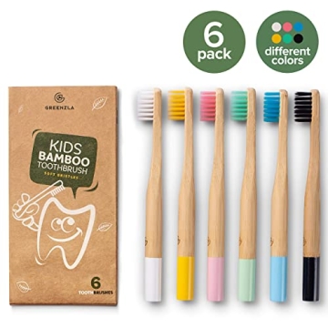 GREENZLA Kids Bamboo Toothbrushes 6 Pack BPA Free Eco-Friendly