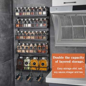 X-cosrack Wall Mount Spice Rack Organizer 5 Tier Height-Adjustable Hanging Spice Shelf Storage for K...