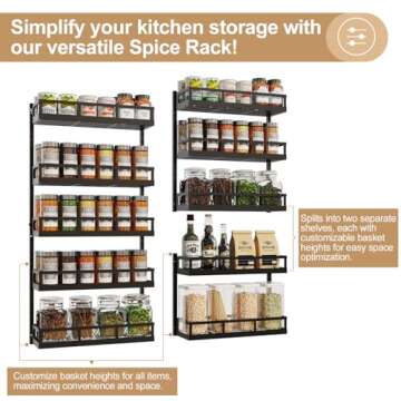X-cosrack Wall Mount Spice Rack Organizer 5 Tier Height-Adjustable Hanging Spice Shelf Storage for Kitchen Pantry Cabinet, Dual-Use Seasoning Holder Rack with Hooks, Black-Patented