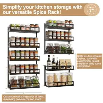 X-cosrack Wall Mount Spice Rack Organizer 5 Tier Height-Adjustable Hanging Spice Shelf Storage for Kitchen Pantry Cabinet, Dual-Use Seasoning Holder Rack with Hooks, Black-Patented