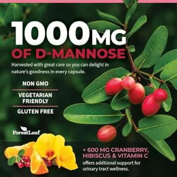 ForestLeaf D Mannose 1000mg Capsules - D-Mannose with Cranberry, Hibiscus & VIT C, Urinary Tract Health for Women and Men, Organic DMannose Pills for UTI, Urinary Health & Bladder Support 60 Capsules
