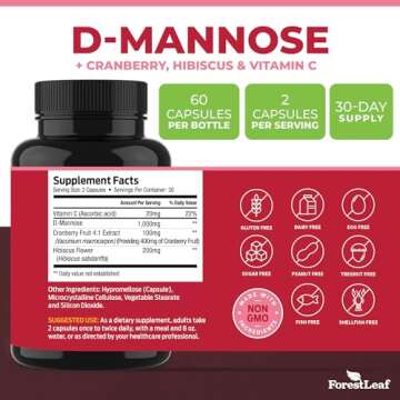 ForestLeaf D Mannose 1000mg Capsules - D-Mannose with Cranberry, Hibiscus & VIT C, Urinary Tract Health for Women and Men, Organic DMannose Pills for UTI, Urinary Health & Bladder Support 60 Capsules