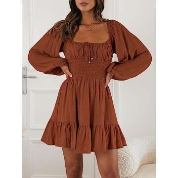 LILLUSORY Women's Long Sleeve Mini Dresses 2024 Fall Square Neck Cottagecore Casual Smocked Flowy Short Dress Caramel XL