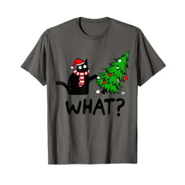 Funny Black Cat Gift Pushing Christmas Tree Over Cat What? T-Shirt