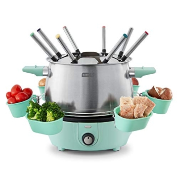 Dash Deluxe Stainless Steel Fondue Maker with Temperature Control, Forks, Cups, and Rack