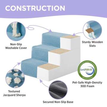 Lesure Dog Stairs for Small Dogs 18" H 4-Step Foam Pet Steps Foldable for High Bed Couch and Sofa Chairs Jacquard Shaggy Plush for Cats with Supporting Board and Non-Slip Bottom, Light Blue