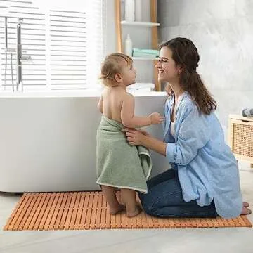 Bamboo Bath Mat Bathroom Runner Long Large Rugs Floor Wood Shower Bathtub Waterproof Non Slip Accessories 16x48 Inch Easy to Clean, Natural Bamboo, 1 pc