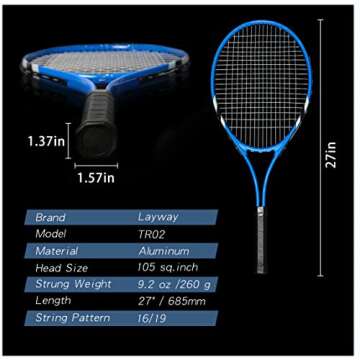 Tennis Rackets 2 Players Recreational for Beginners,Pre-Strung 27 Inch Light Adult Racquet Set for Women Men with Tennis Balls,Overgrips and Carry Bag (Blue)