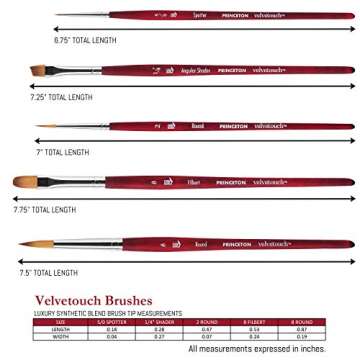 Princeton Velvetouch, Series 3950, Paint Brush for Acrylic, Oil and Watercolor, Set of 5 Spotter 5/0, Angle Shader ¼”, Round 8, Filbert 8, Round 2