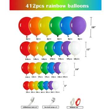 412pcs Rainbow Balloon Arch Kit Assorted Colors 18 12 10 5 Inch, Different Sizes Matte Latex Colorfu...