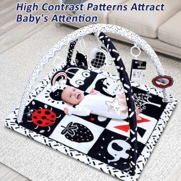 Black and White Baby Gym Play Mat with 6 Toys Tummy Time Activity Mat for Babies 0-6 6-12 Months Hig...