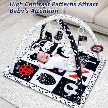 Black and White Baby Gym Play Mat with 6 Toys Tummy Time Activity Mat for Babies 0-6 6-12 Months Hig...